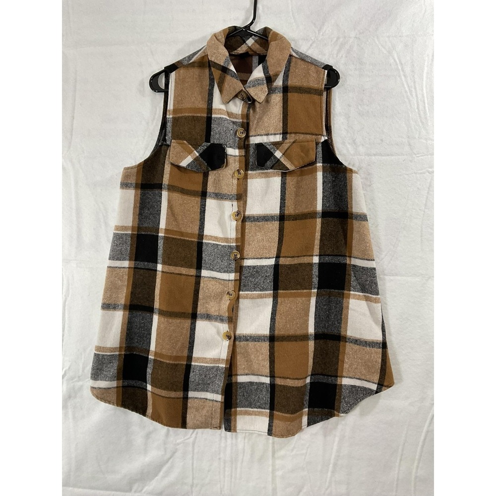 Shein Shirt Womens 1XL Brown Black Plaid Flannel Sleeveless Button Up Tunic Top
